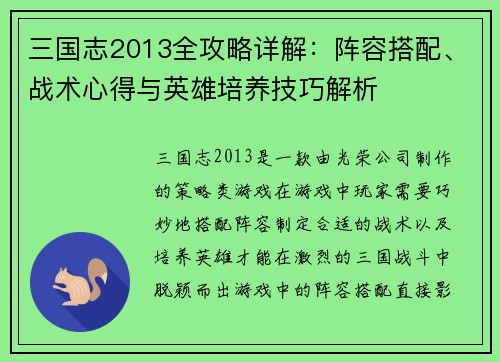 三国志2013全攻略详解：阵容搭配、战术心得与英雄培养技巧解析